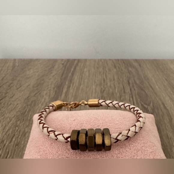 Half United Brass Honeycomb & White Worn Braided Leather Adjustable bracelet GUC - Picture 8 of 10
